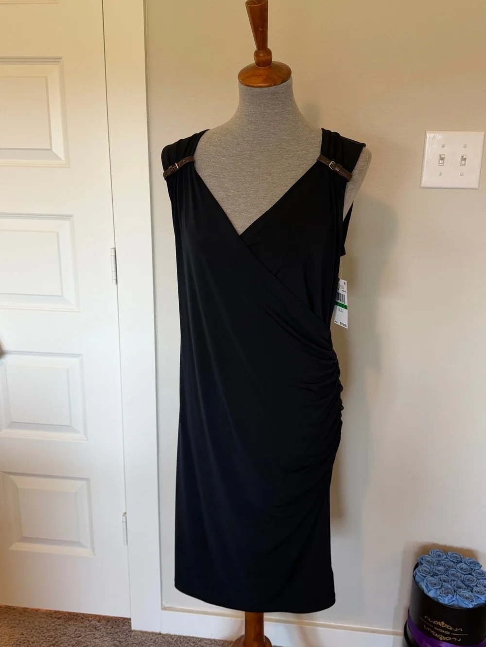 MICHAEL Michael Kors Navy Blue Sleeveless Faux-Wrap Ruched Midi Dress